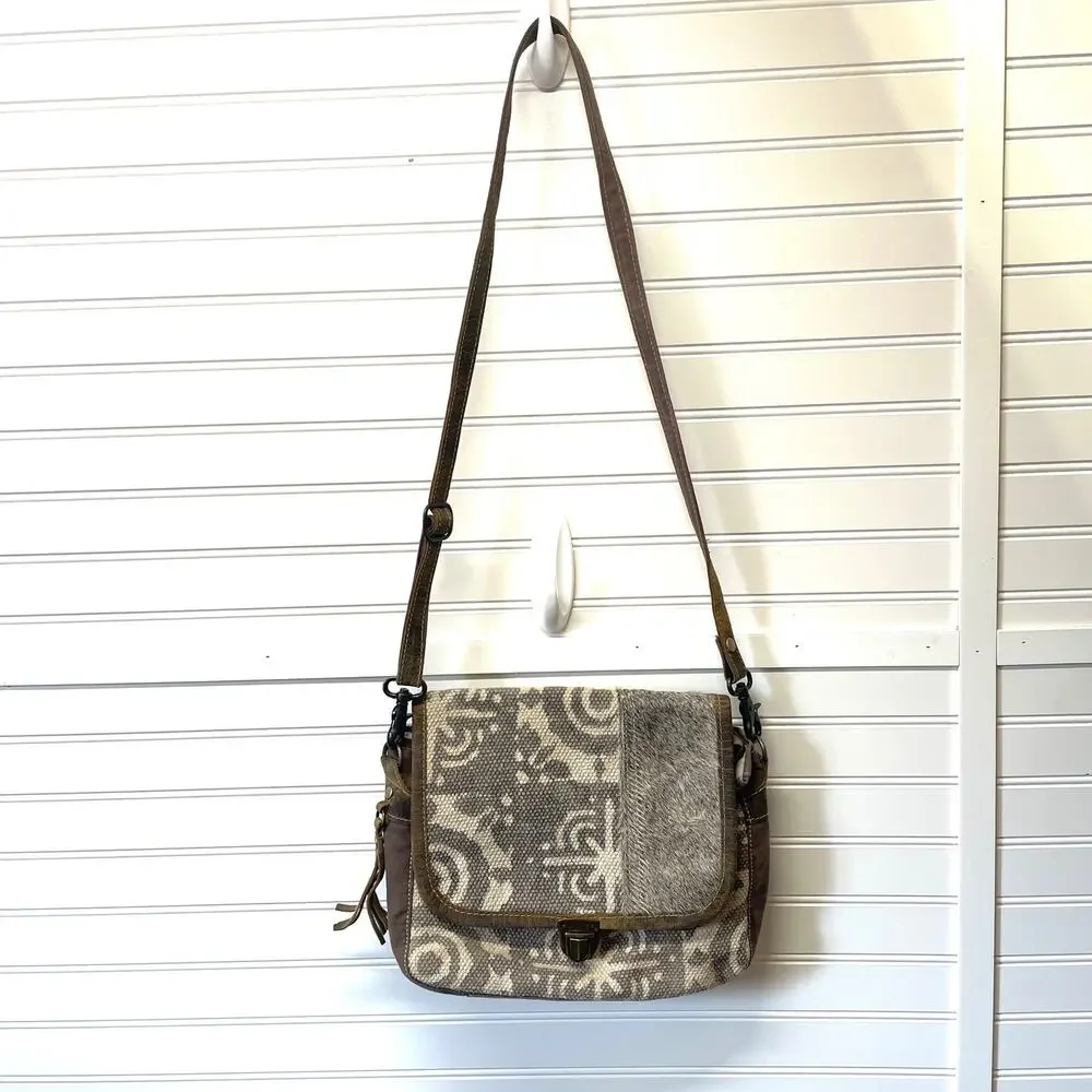 Myra Bag Canvas & Cow Hair/Hide Flap Front w/Clasp Closure